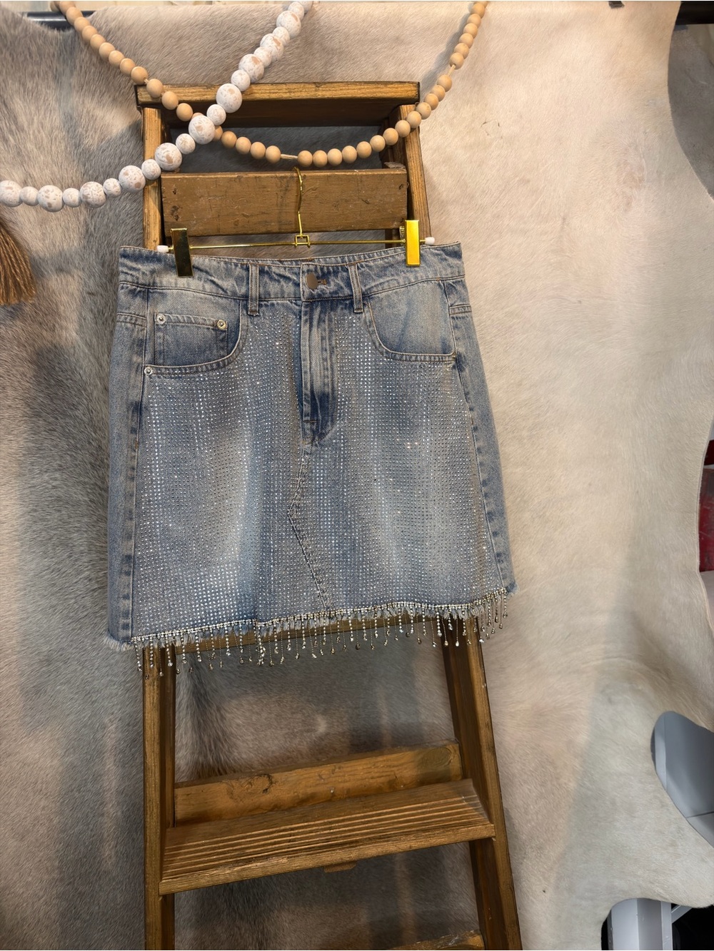 Geegee Light Blue Embellished Denim Mini Skirt with Beaded Fringe - Picture 2 of 5